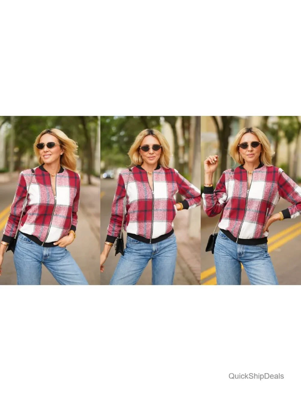 Womens Plaid Wool Blend Bomber Jacket Casual Zip Up Lightweight Fall Coat